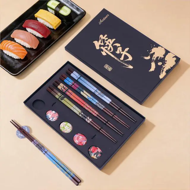 Alt view image 5 of 7 - 5 Pairs Reusable Wooden Chopsticks & Ceramic Rests Set, 8.8 Inch/22.5cm Classic Japanese Style Chop Sticks with Chopstick Holders for Ramen Sushi Asian Cuisine Lovers, Black Gift Box