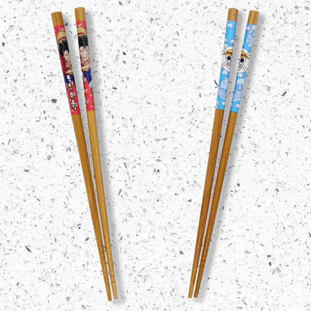 Main image of One Piece Chopsticks Anime Manga Luffy Straw Hat Pirates 2 Pairs Reusable Bamboo 8.85in Gift Set for Ramen Kitchen Utensil