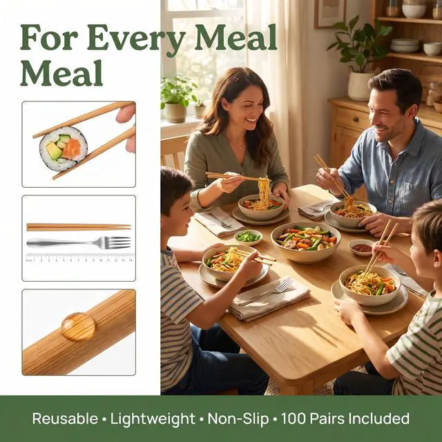 Alt view image 7 of 7 - 100 Pairs Bamboo Chopsticks Reusable, 9.5" Natural Unpainted Non-Slip Bamboo Chop Sticks, Lightweight Bulk Wooden Chopsticks for Home Restaurant Party, Sushi, Noodles