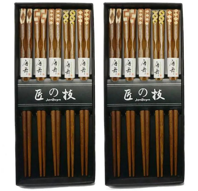 Main image of 4515, Ironwood Chopsticks Reusable Japanese Chinese Korean Wood Chop Sticks Hair Sticks 5 Pair Gift Boxed Set Dishwasher Safe, 9 inch, Brown, 2-Pack