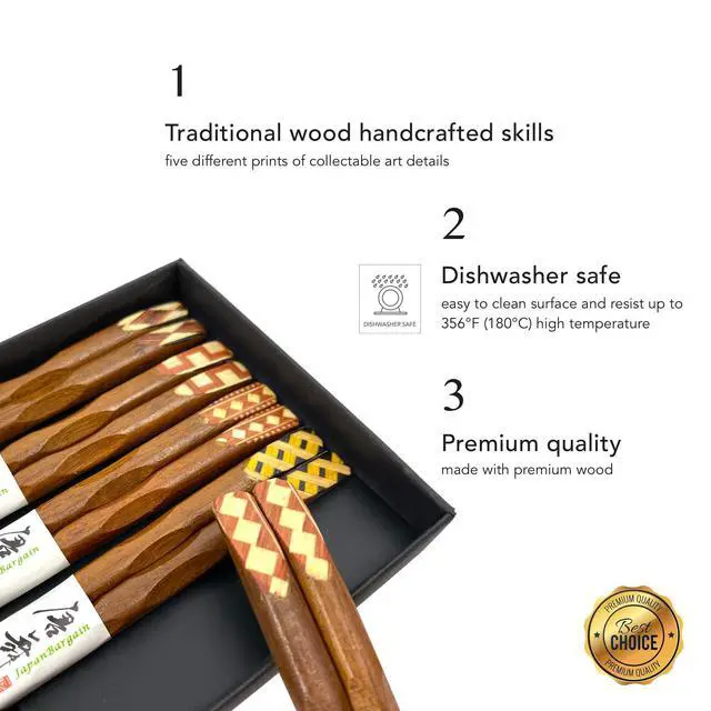 Alt view image 2 of 5 - 4515, Ironwood Chopsticks Reusable Japanese Chinese Korean Wood Chop Sticks Hair Sticks 5 Pair Gift Boxed Set Dishwasher Safe, 9 inch, Brown, 2-Pack