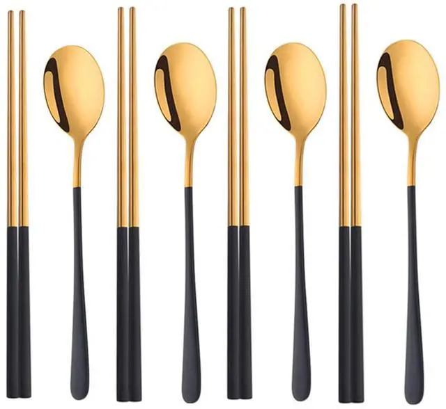 Main image of Reusable Korean Chopstick and Spoon Set,4 Sets Long Handle Stainless Steel Spoon and Chopsticks Set,Metal Chopsticks Dishwasher Safe, Black Gold.