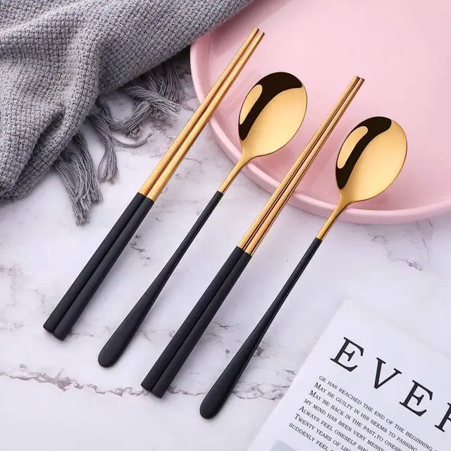 Alt view image 2 of 7 - Reusable Korean Chopstick and Spoon Set,4 Sets Long Handle Stainless Steel Spoon and Chopsticks Set,Metal Chopsticks Dishwasher Safe, Black Gold.