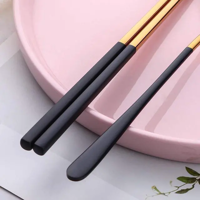 Alt view image 5 of 7 - Reusable Korean Chopstick and Spoon Set,4 Sets Long Handle Stainless Steel Spoon and Chopsticks Set,Metal Chopsticks Dishwasher Safe, Black Gold.
