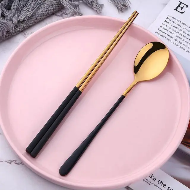 Alt view image 6 of 7 - Reusable Korean Chopstick and Spoon Set,4 Sets Long Handle Stainless Steel Spoon and Chopsticks Set,Metal Chopsticks Dishwasher Safe, Black Gold.