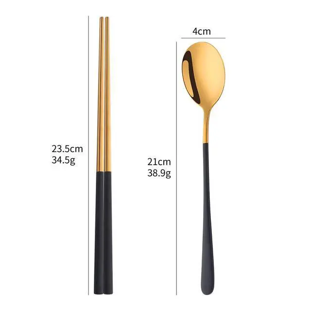 Alt view image 7 of 7 - Reusable Korean Chopstick and Spoon Set,4 Sets Long Handle Stainless Steel Spoon and Chopsticks Set,Metal Chopsticks Dishwasher Safe, Black Gold.