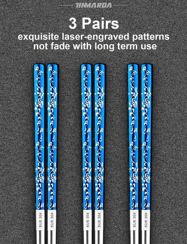 Alt view image 2 of 7 - Metal Chopsticks Reusable, 3 Pairs Non-Slip Chop Sticks Reusable Dishwasher Safe, Titanium Plated Stainless Steel Chopsticks Present Set (Blue Silver)