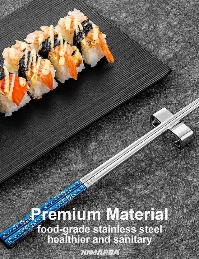 Alt view image 3 of 7 - Metal Chopsticks Reusable, 3 Pairs Non-Slip Chop Sticks Reusable Dishwasher Safe, Titanium Plated Stainless Steel Chopsticks Present Set (Blue Silver)