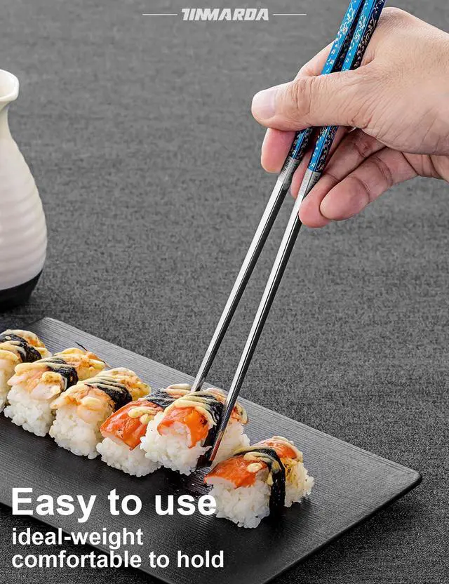 Alt view image 5 of 7 - Metal Chopsticks Reusable, 3 Pairs Non-Slip Chop Sticks Reusable Dishwasher Safe, Titanium Plated Stainless Steel Chopsticks Present Set (Blue Silver)