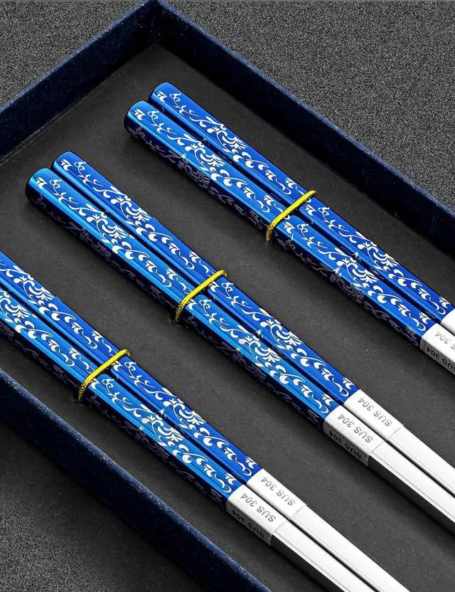Alt view image 6 of 7 - Metal Chopsticks Reusable, 3 Pairs Non-Slip Chop Sticks Reusable Dishwasher Safe, Titanium Plated Stainless Steel Chopsticks Present Set (Blue Silver)
