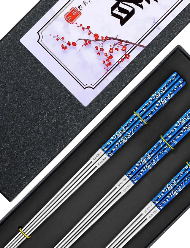 Alt view image 7 of 7 - Metal Chopsticks Reusable, 3 Pairs Non-Slip Chop Sticks Reusable Dishwasher Safe, Titanium Plated Stainless Steel Chopsticks Present Set (Blue Silver)