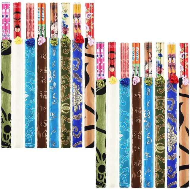 Main image of 20 Pairs Chinese Bamboo Chopsticks Reusable with Elegant Silk Brocade Pouch Multicolored Nonslip Chopstick Gift Set for Asian Dishes Sushi Rice Noodles Chinese