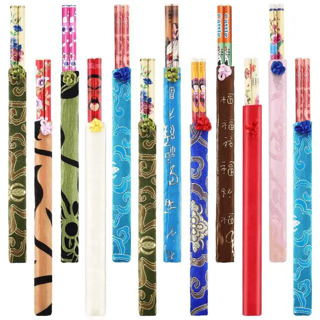 Alt view image 2 of 7 - 20 Pairs Chinese Bamboo Chopsticks Reusable with Elegant Silk Brocade Pouch Multicolored Nonslip Chopstick Gift Set for Asian Dishes Sushi Rice Noodles Chinese