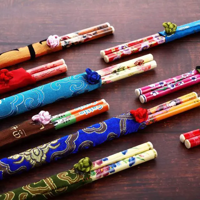 Alt view image 6 of 7 - 20 Pairs Chinese Bamboo Chopsticks Reusable with Elegant Silk Brocade Pouch Multicolored Nonslip Chopstick Gift Set for Asian Dishes Sushi Rice Noodles Chinese
