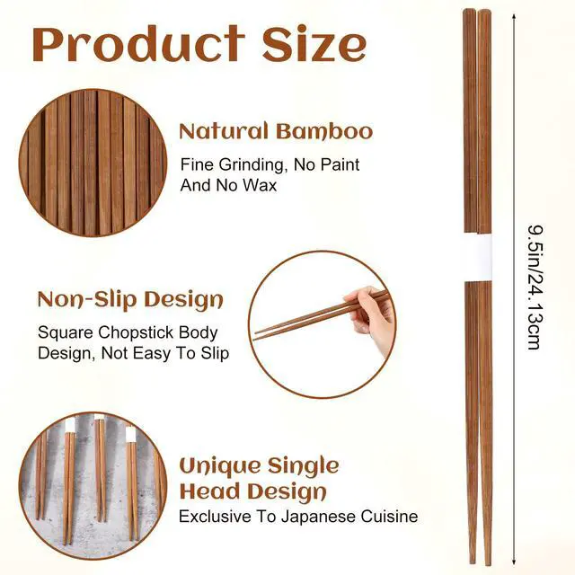 Alt view image 2 of 7 - 100 Pairs Bamboo Chopsticks Reusable, Natural Wooden Chopsticks, 9.5 Inch Dishwasher Safe Lightweight by or Sushi Ramen Restaurant, 9.5 Inches, Brown