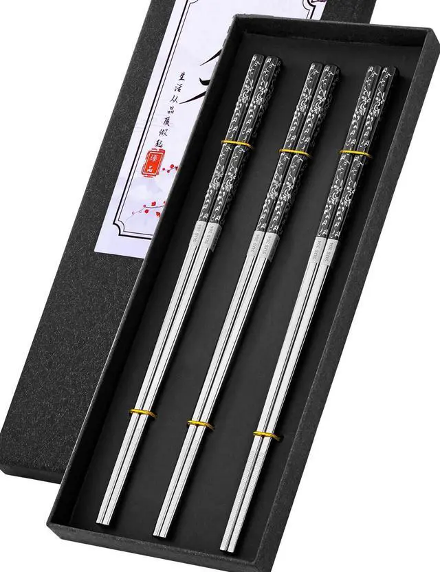 Main image of Metal Chopsticks Reusable, 3 Pairs Chop Sticks Reusable Dishwasher Safe, Titanium Plated Non-Slip Stainless Steel Chopsticks Present Set (Black Silver)