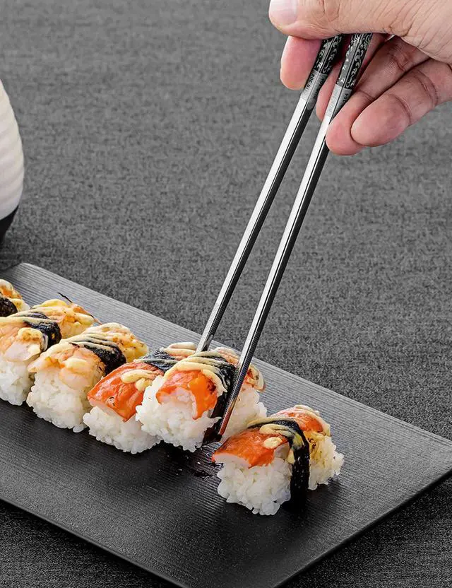 Alt view image 5 of 7 - Metal Chopsticks Reusable, 3 Pairs Chop Sticks Reusable Dishwasher Safe, Titanium Plated Non-Slip Stainless Steel Chopsticks Present Set (Black Silver)