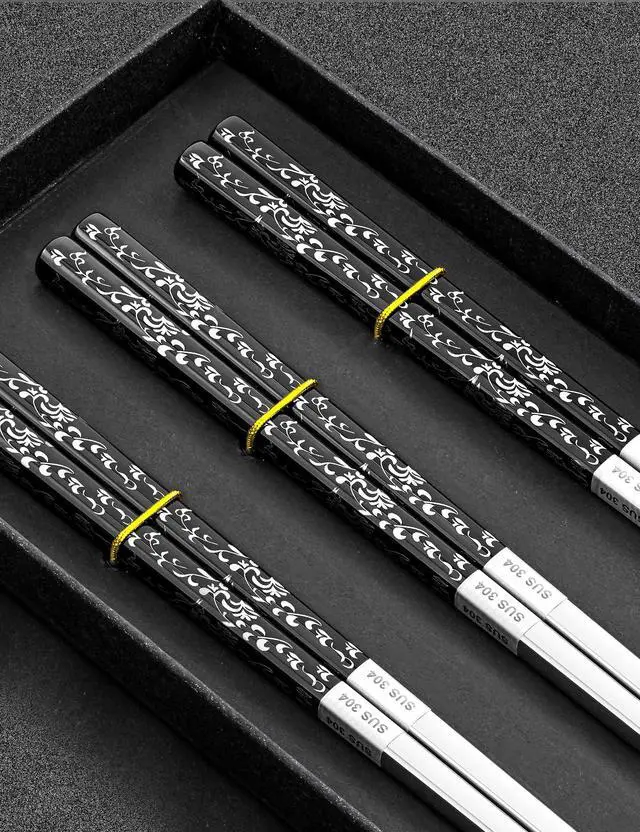 Alt view image 6 of 7 - Metal Chopsticks Reusable, 3 Pairs Chop Sticks Reusable Dishwasher Safe, Titanium Plated Non-Slip Stainless Steel Chopsticks Present Set (Black Silver)