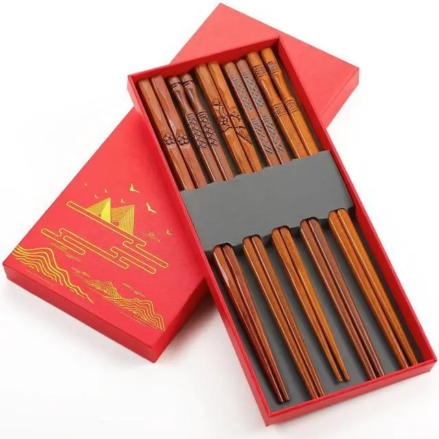 Main image of Reusable Chopsticks, 5 Pairs Natural Wooden Chopsticks with Unique Pattern Dishwasher Safe 8.8 Inch/22.5cm Non-Slip Chopstick Gift Set