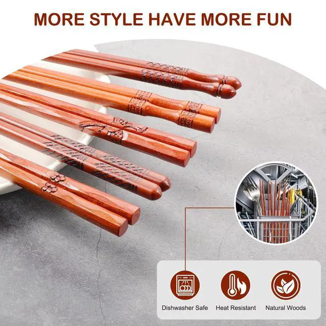 Alt view image 2 of 7 - Reusable Chopsticks, 5 Pairs Natural Wooden Chopsticks with Unique Pattern Dishwasher Safe 8.8 Inch/22.5cm Non-Slip Chopstick Gift Set