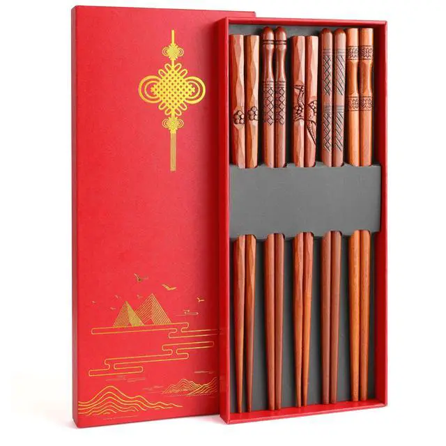 Alt view image 7 of 7 - Reusable Chopsticks, 5 Pairs Natural Wooden Chopsticks with Unique Pattern Dishwasher Safe 8.8 Inch/22.5cm Non-Slip Chopstick Gift Set