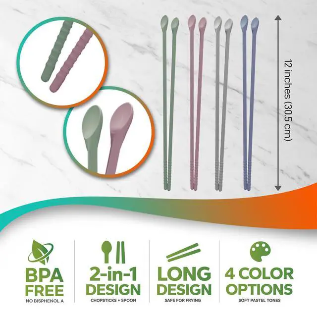 Alt view image 2 of 7 - Reusable Long Silicone Cooking Chopsticks with Spoon 12 Inches 1 Pair, Dishwasher Safe, BPA-free Non-Slip, Non-Scratch, Korea Japanese Kitchen Utensils (Pastel Grey, 1Pair )