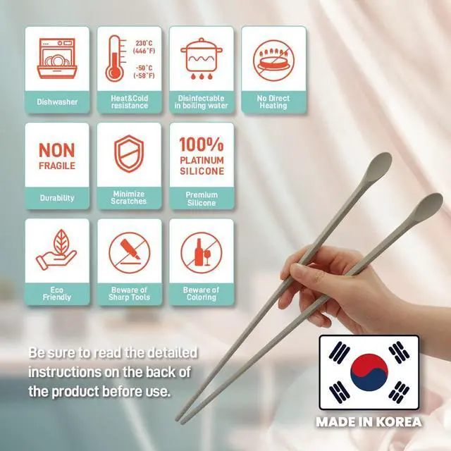Alt view image 5 of 7 - Reusable Long Silicone Cooking Chopsticks with Spoon 12 Inches 1 Pair, Dishwasher Safe, BPA-free Non-Slip, Non-Scratch, Korea Japanese Kitchen Utensils (Pastel Grey, 1Pair )