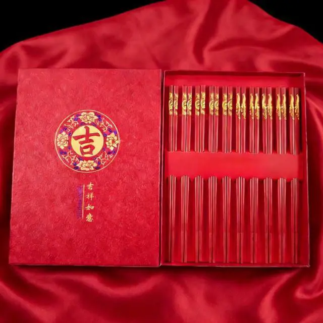 Main image of Chinese New Year Chopsticks Gift Set with Gift Box, 10 Pairs 9.5" Red Wooden Chopsticks with Dragon & Phoenix Patterns, Reusable Dishwasher Safe Long Chopsticks for Wedding, Lunar Asian Festival