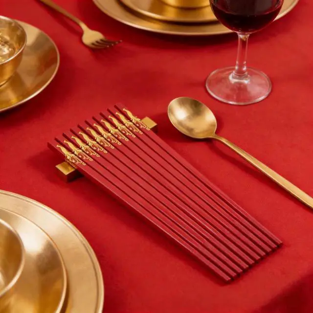 Alt view image 2 of 7 - Chinese New Year Chopsticks Gift Set with Gift Box, 10 Pairs 9.5" Red Wooden Chopsticks with Dragon & Phoenix Patterns, Reusable Dishwasher Safe Long Chopsticks for Wedding, Lunar Asian Festival