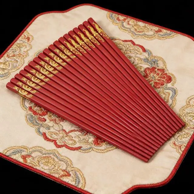 Alt view image 3 of 7 - Chinese New Year Chopsticks Gift Set with Gift Box, 10 Pairs 9.5" Red Wooden Chopsticks with Dragon & Phoenix Patterns, Reusable Dishwasher Safe Long Chopsticks for Wedding, Lunar Asian Festival