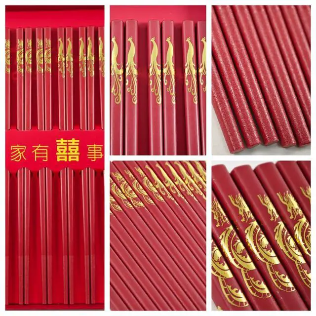 Alt view image 5 of 7 - Chinese New Year Chopsticks Gift Set with Gift Box, 10 Pairs 9.5" Red Wooden Chopsticks with Dragon & Phoenix Patterns, Reusable Dishwasher Safe Long Chopsticks for Wedding, Lunar Asian Festival