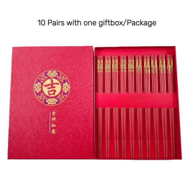Alt view image 7 of 7 - Chinese New Year Chopsticks Gift Set with Gift Box, 10 Pairs 9.5" Red Wooden Chopsticks with Dragon & Phoenix Patterns, Reusable Dishwasher Safe Long Chopsticks for Wedding, Lunar Asian Festival