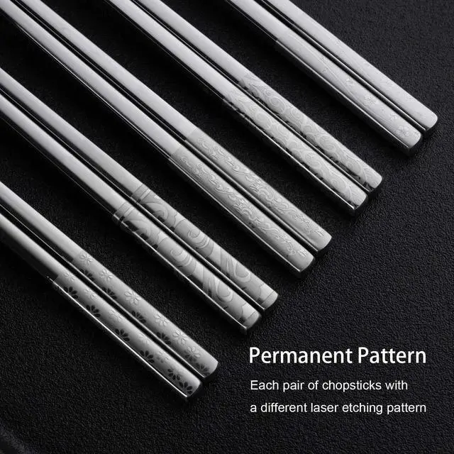 Alt view image 3 of 7 - Metal Chopsticks Reusable 316 Stainless Steel Chopsticks Multipack Dishwasher Safe Chop Sticks Square Fancy Laser Engraved Non-slip Korean Chopstick for Cooking Eating 9.45 Inches 5 Pairs Gift Set