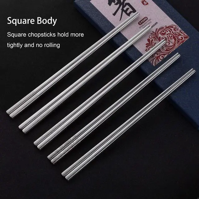 Alt view image 7 of 7 - Metal Chopsticks Reusable 316 Stainless Steel Chopsticks Multipack Dishwasher Safe Chop Sticks Square Fancy Laser Engraved Non-slip Korean Chopstick for Cooking Eating 9.45 Inches 5 Pairs Gift Set