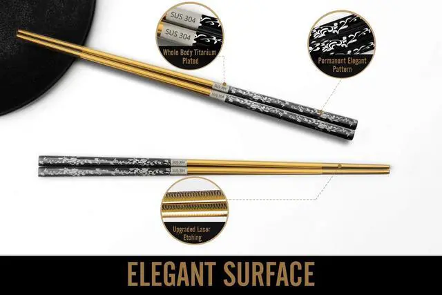Alt view image 2 of 7 - Chopsticks Reusable Titanium Plated Metal Chopsticks 304 Stainless Steel Chopstick Dishwasher safe Japanese Korean lightweight Engraved Anti-slip Chop sticks for Eating 2 Pairs Gift Set Black Gold