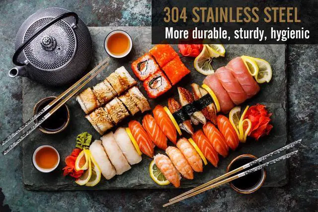 Alt view image 5 of 7 - Chopsticks Reusable Titanium Plated Metal Chopsticks 304 Stainless Steel Chopstick Dishwasher safe Japanese Korean lightweight Engraved Anti-slip Chop sticks for Eating 2 Pairs Gift Set Black Gold