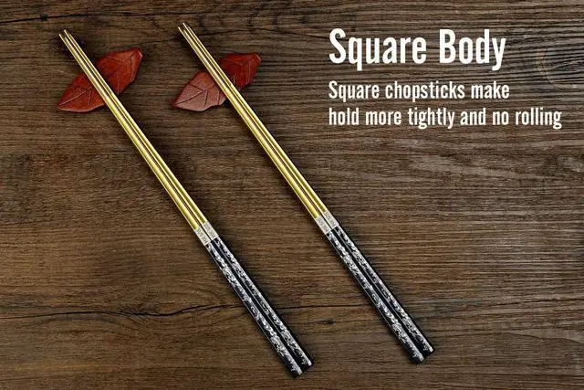 Alt view image 7 of 7 - Chopsticks Reusable Titanium Plated Metal Chopsticks 304 Stainless Steel Chopstick Dishwasher safe Japanese Korean lightweight Engraved Anti-slip Chop sticks for Eating 2 Pairs Gift Set Black Gold