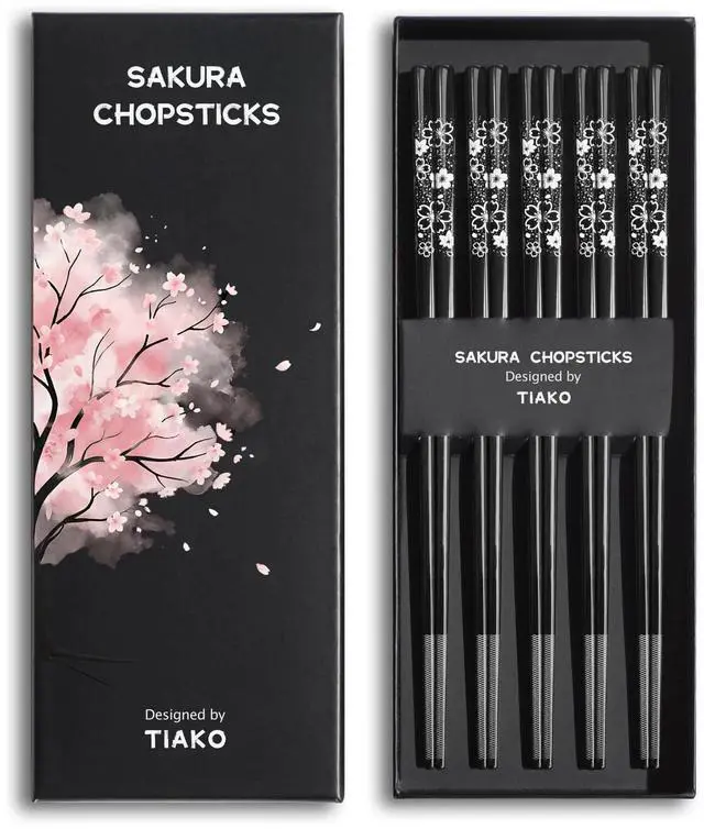 Main image of Stainless Steel Chopsticks Set, 5 Pairs Japanese Sakura Reusable