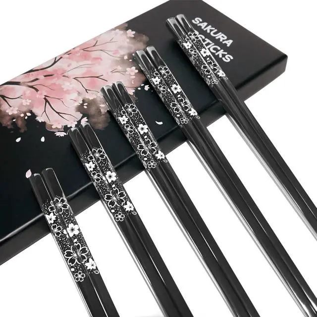 Alt view image 6 of 7 - Stainless Steel Chopsticks Set, 5 Pairs Japanese Sakura Reusable