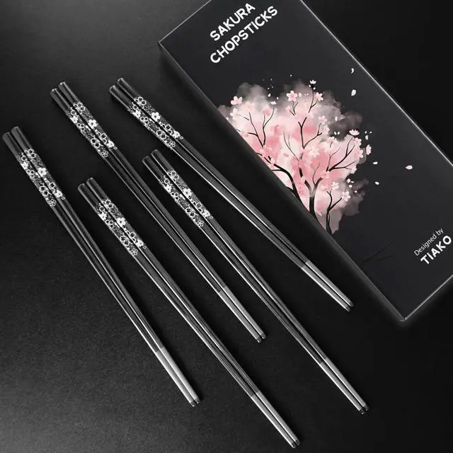 Alt view image 7 of 7 - Stainless Steel Chopsticks Set, 5 Pairs Japanese Sakura Reusable