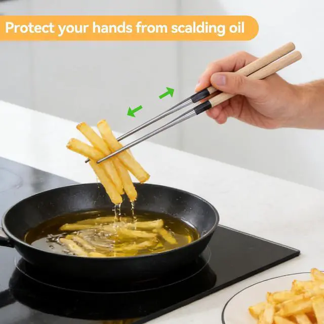 Alt view image 4 of 7 - Metal Cooking Chopsticks with Wood Handle, 11.4in Sushi Chopsticks Long Cooking Chopsticks Reusable Metal Chop Sticks Dishwasher Safe for Frying, Hot Pot, Noodles and Japanese, Korean, Chinese Foods