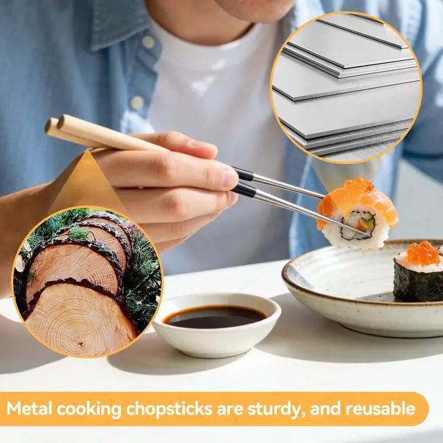 Alt view image 5 of 7 - Metal Cooking Chopsticks with Wood Handle, 11.4in Sushi Chopsticks Long Cooking Chopsticks Reusable Metal Chop Sticks Dishwasher Safe for Frying, Hot Pot, Noodles and Japanese, Korean, Chinese Foods