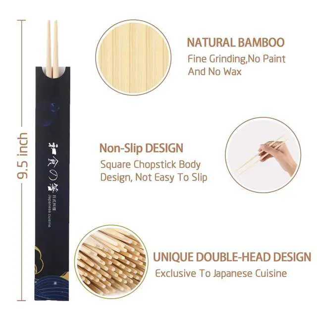 Alt view image 2 of 6 - 100 pairs Disposable Bamboo Chopsticks, 9.5 Inch Japanese Style Double Pointed Sleeved and Separated Chop sticks for Sushi & Asian Dishes