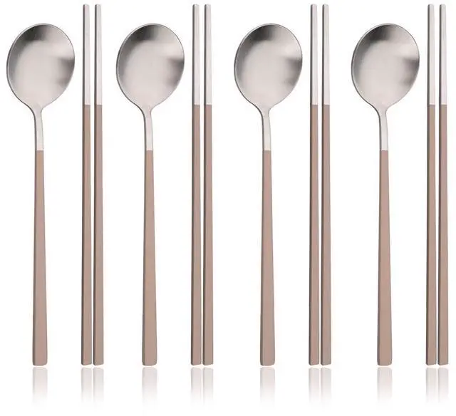 Main image of 8-piece Brown Korean Chopstick and Spoon Set Service for 4 Matte Stainless Steel Flat Chopsticks Soup Spoons Set Satin Finished Dishwasher Safe for Noodles Sushi