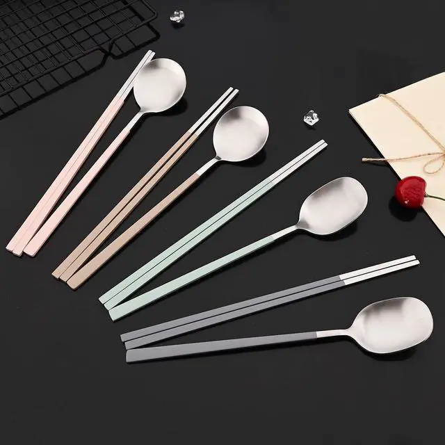 Alt view image 2 of 7 - 8-piece Brown Korean Chopstick and Spoon Set Service for 4 Matte Stainless Steel Flat Chopsticks Soup Spoons Set Satin Finished Dishwasher Safe for Noodles Sushi