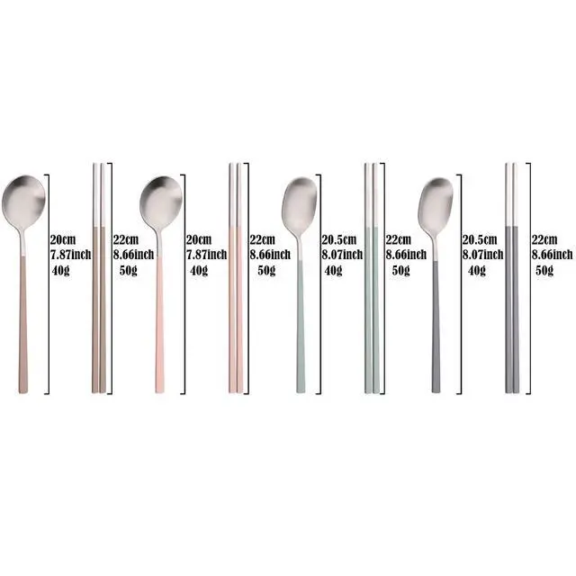Alt view image 3 of 7 - 8-piece Brown Korean Chopstick and Spoon Set Service for 4 Matte Stainless Steel Flat Chopsticks Soup Spoons Set Satin Finished Dishwasher Safe for Noodles Sushi