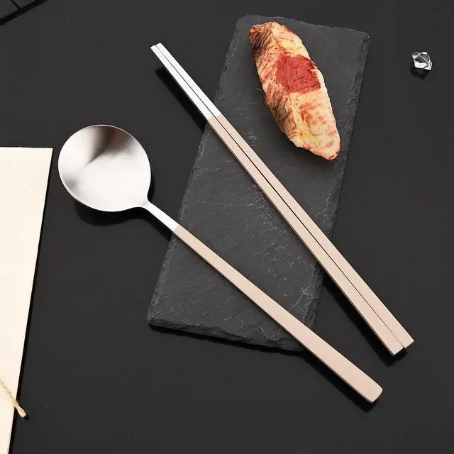 Alt view image 4 of 7 - 8-piece Brown Korean Chopstick and Spoon Set Service for 4 Matte Stainless Steel Flat Chopsticks Soup Spoons Set Satin Finished Dishwasher Safe for Noodles Sushi