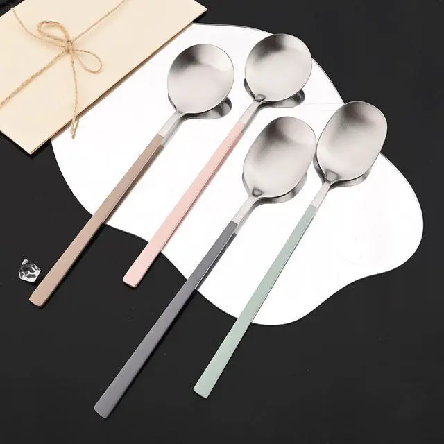 Alt view image 5 of 7 - 8-piece Brown Korean Chopstick and Spoon Set Service for 4 Matte Stainless Steel Flat Chopsticks Soup Spoons Set Satin Finished Dishwasher Safe for Noodles Sushi