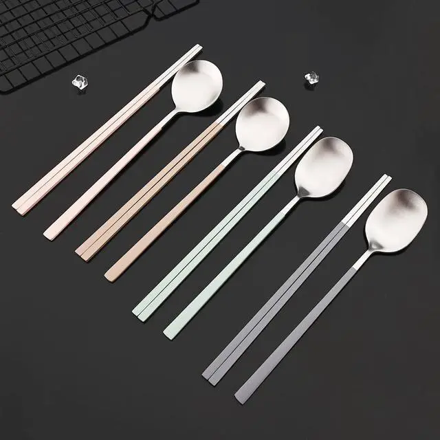 Alt view image 7 of 7 - 8-piece Brown Korean Chopstick and Spoon Set Service for 4 Matte Stainless Steel Flat Chopsticks Soup Spoons Set Satin Finished Dishwasher Safe for Noodles Sushi