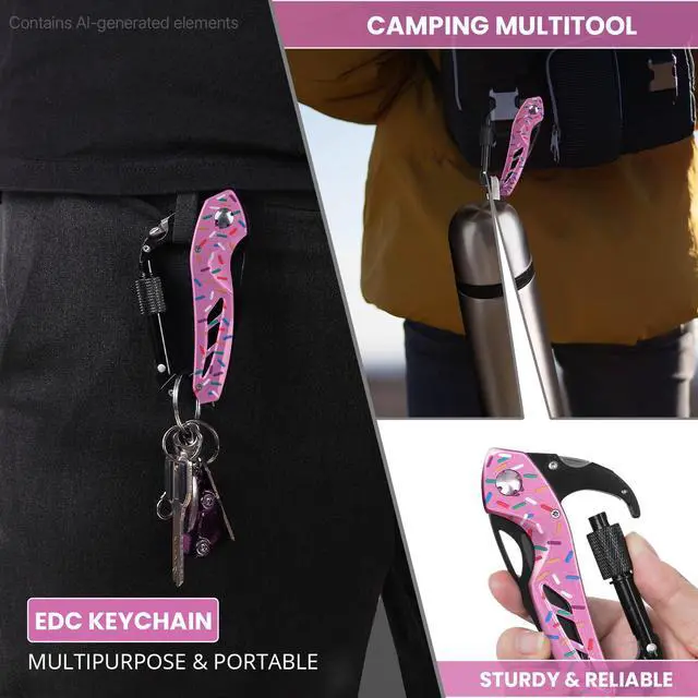 Alt view image 6 of 7 - Pink Multitool Carabiner, Stocking Stuffers Gifts for Mom Women Wife, 6-in-1 Keychain Multi Tools with Window Breaker, Bottle Opener and Screwdriver, EDC Gear Gadget for Camping Hiking